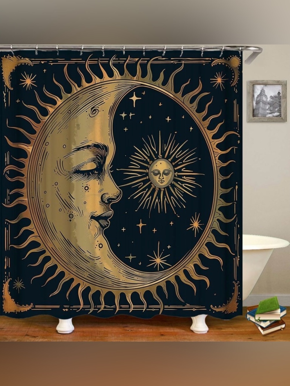 CELESTIAL THEMED Sun & Moon Whimsical Bohemian Novelty Print SHOWER CURTAIN Set